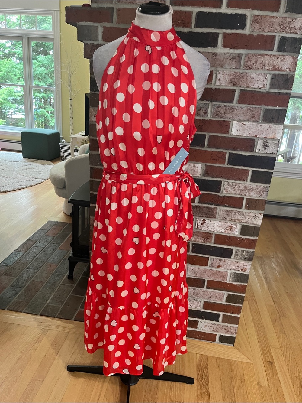 LONDON TIMES Red and White Polka Dot Sleeveless Satin Ruffled Hem Dress 16 NWT - Picture 5 of 12